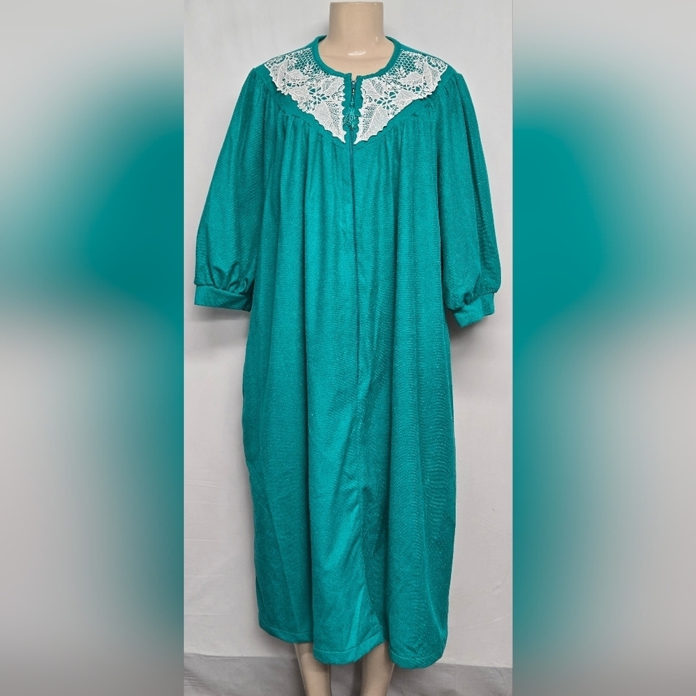 Green Polyester Housecoat Breakfast Robe Nightgown 2X Lace 3/4 Sleeve